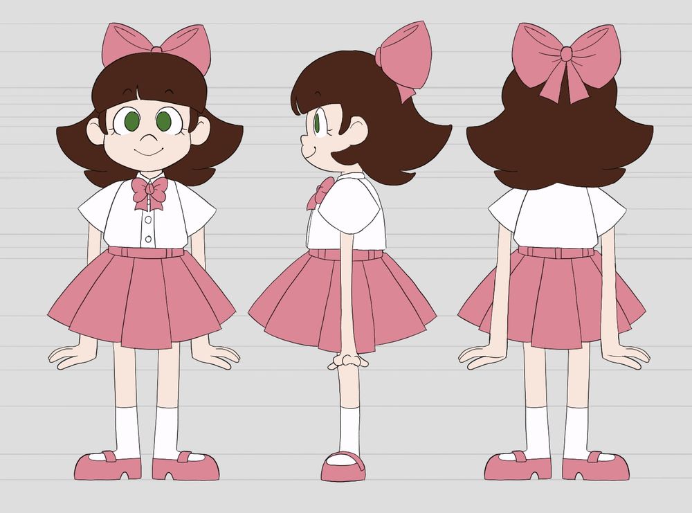 A character turnaround for Paula, showing her from the front, left side, and back.