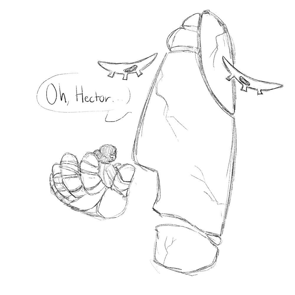 The camera zooms out to show the entirety of Bauhauzzo, looking down at Hector in his hand with a solemn expression. His dialogue reads, "Oh, Hector..."