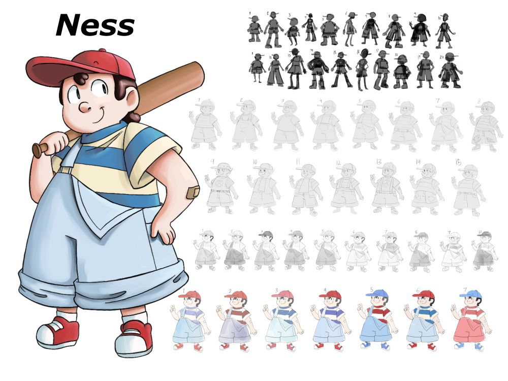 A layout page of a character redesign of Ness from Earthbound. There is a large, rendered drawing of Ness to the left. He is smiling and has a hand on his hip, the other holding a baseball bat over his shoulder. He is very cartoonishly proportioned, and appears to be a short, portly kid. He is wearing his classic outfit with the exception of overalls, in which one of the straps is not on his shoulder and is tucked into a pocket. To the right are several variations of silhouettes, outfits, value studies, and color palettes, showing the character design process from start to finish.