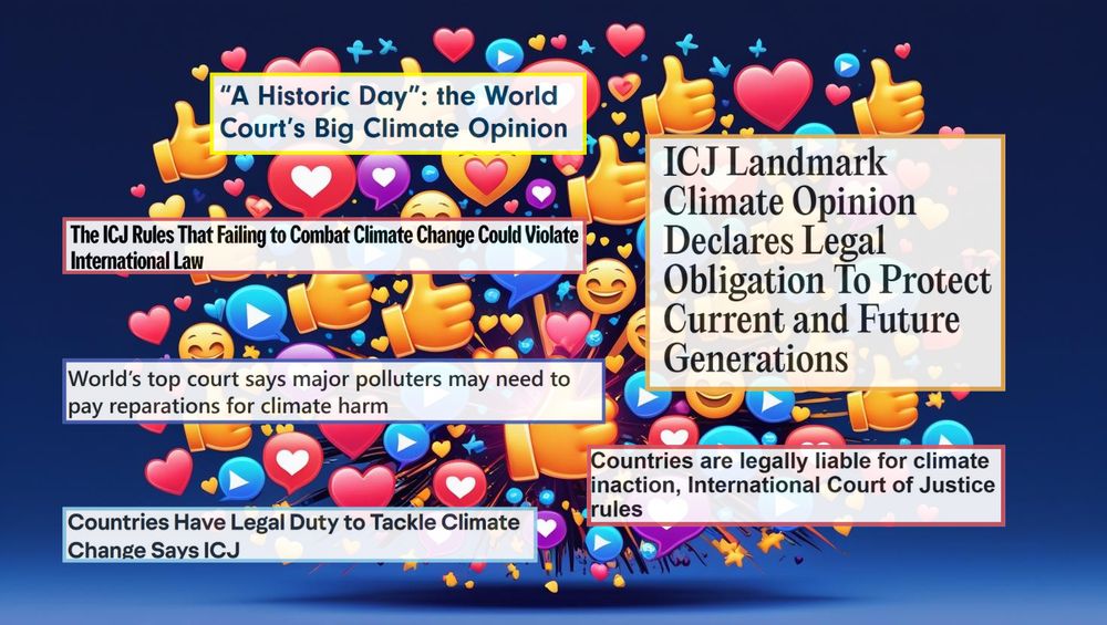 Headlines about the world court opinion with likes and heart emojis