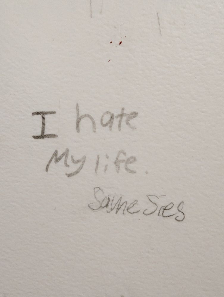 Graffiti that says "I hate my life." "Samsies."