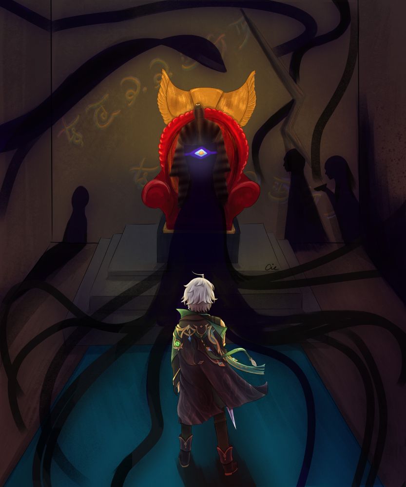 Art of Alhaitham standing up against a dark shadow creature with Deshret's eye