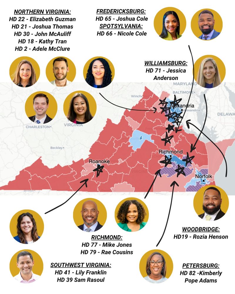 A map of people in yellow bubbles with arrows to the districts they are running for election in
