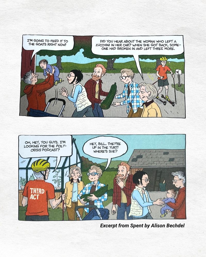 Two comic panels with people talking to each other. One person is lifting a baby. Another is holding a large zucchini. 