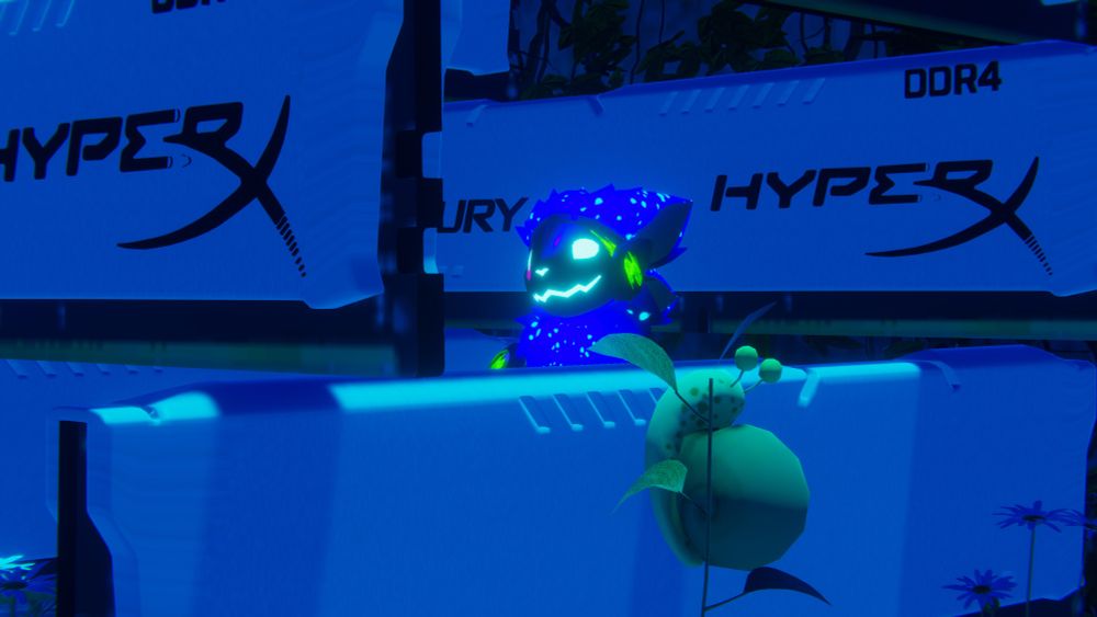 A bluish purple Protogen with a brightly glowing cyan face and green markings on the side of his head is in a little fort made out of giant Hyperx Ram sticks looking content and happy.