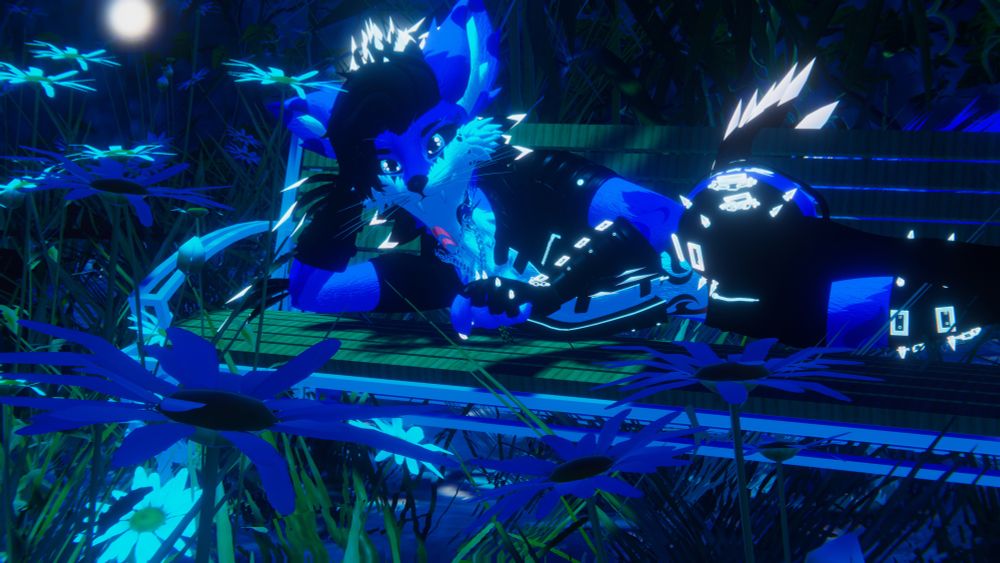 A purple and white Rex wearing leather goth attire is laying on a wooden bench surrounded by Daisies in the cold light of the moon, casing a blueish hue on everything including the purple Rex.  His blue eyes are inviting and warm despite their cool color, the faint smile he has temping you to come over and be with them.