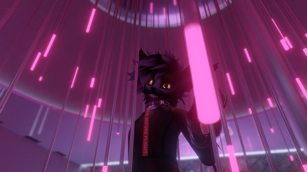 A Rex standing in a weird pink chandelier
