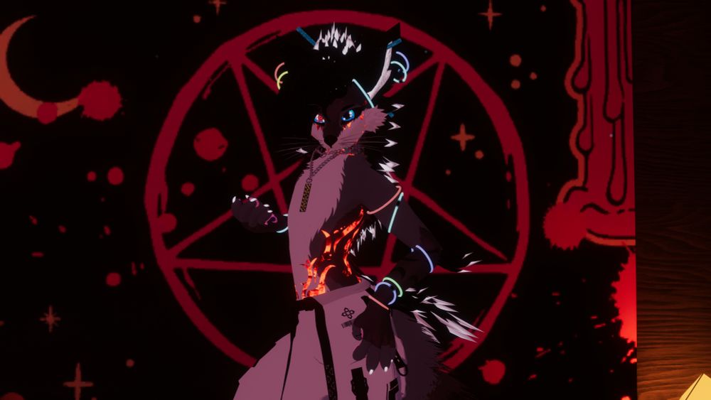 A black and white Rex with glow sticks and glowing red markings is standing in front of a bloody pentagram facing slightly to the side looking directly at you with his icy gaze, one of his eyes is glowing red with the symbol of chaos.