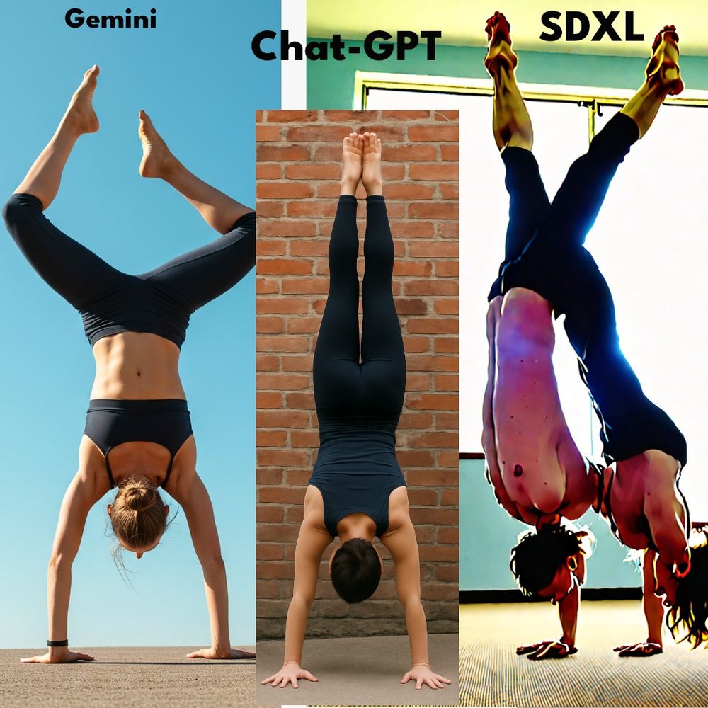 Messed up photo of handstands. Feet, bodies, and belly buttons on the wrong side.