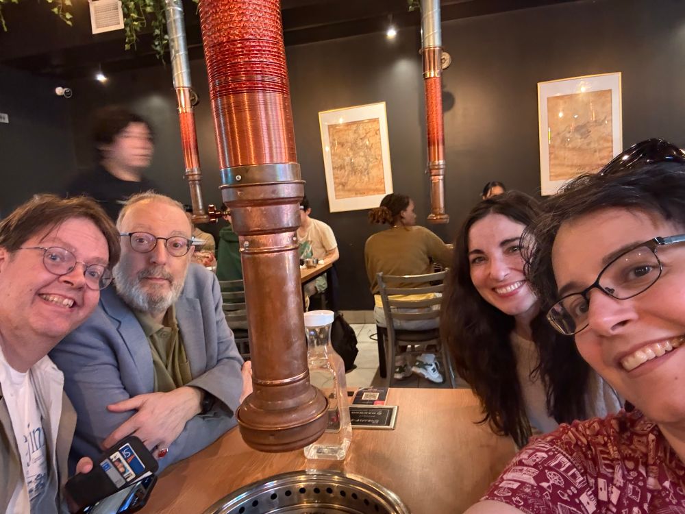 Greg Bondar and I in foreground, David Birnbaum (my wise co-instructor) and Juliette Paul from our class at a Korean barbecue place near U. Montreal campus.