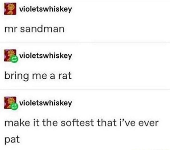 Screenshot of a Tumblr post that reads: "mr sandman, being me a rat, make it the softest that I've ever pat"