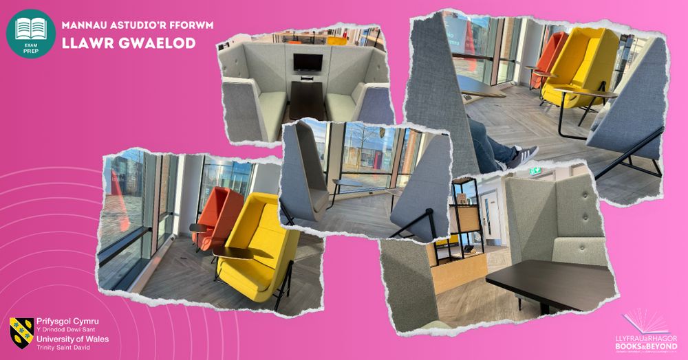 The image is a collage featuring a variety of seating and study areas within a library setting, displayed against a bright pink background. The collage has a torn paper effect around each photo. The photos show a mix of modern furniture, including gray, orange, and yellow high-backed chairs with attached wooden armrests. Some chairs are positioned in front of large windows that provide ample natural light. A small, private booth with cushioned walls and a table includes a computer screen. Flooring in the library is a light wood, and there is a wooden shelving unit visible. The top left section of the image includes a circular emblem with the words "EXAM PREP." At the bottom left, logos and text for the University of Wales Trinity Saint David are visible, while on the bottom right, "BOOKS & BEYOND" is written over a sunburst graphic.