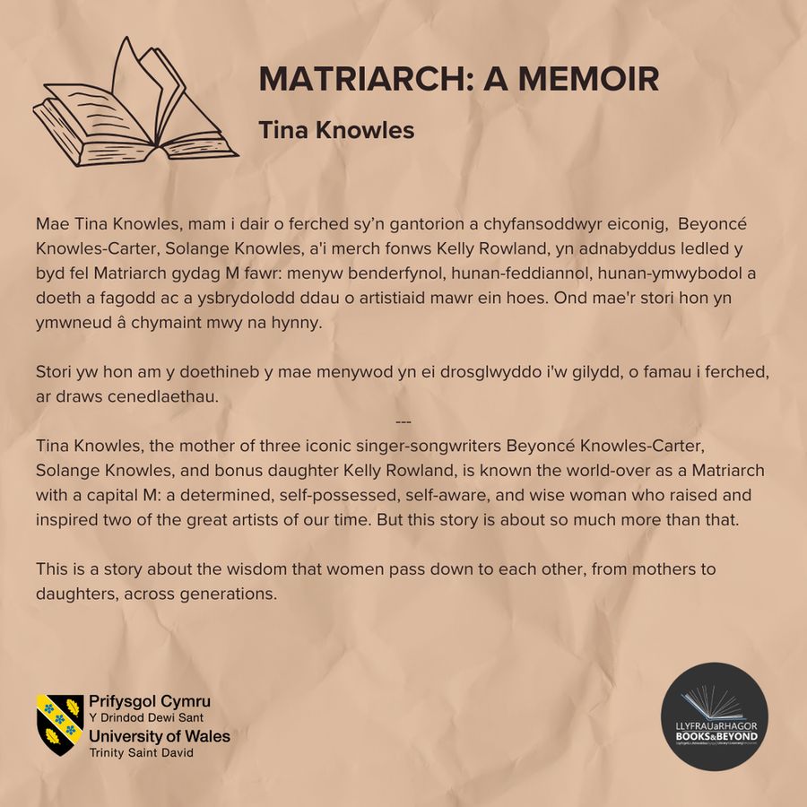 A square graphic with a mustard yellow background. At the bottom it has the UWTSD and UWTSD library logos. There is text in Welsh and English giving a small description of Matriarch: A Memoir by Tina Knowles.