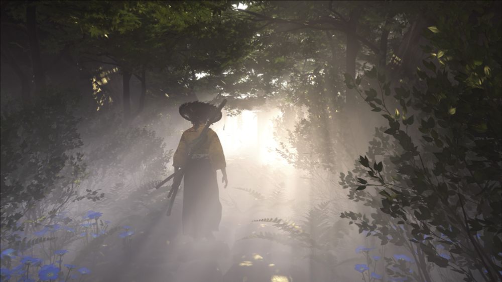 Atsu går gjennom en lysning i skogen