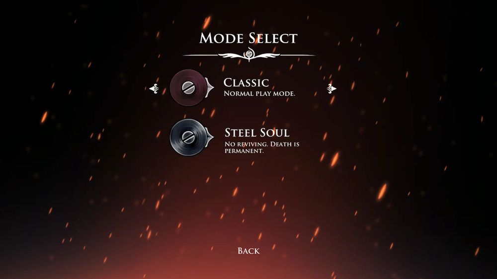 Bilde fra menyen i Silksong - med Mode Select øverst, og valgene Classic og Steel Soul under.
