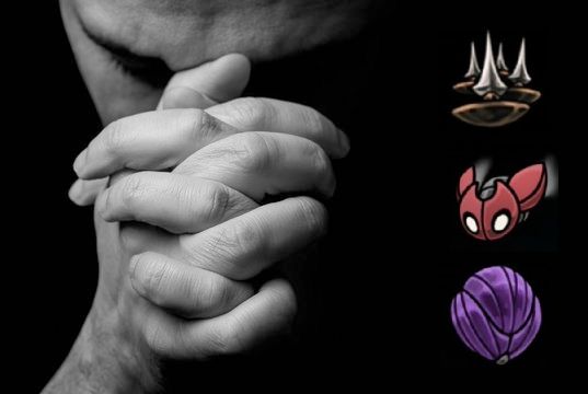 Many praying, with icons for Tacks, Cogfly and Pollip Pouch from Hollow Knight Silksong