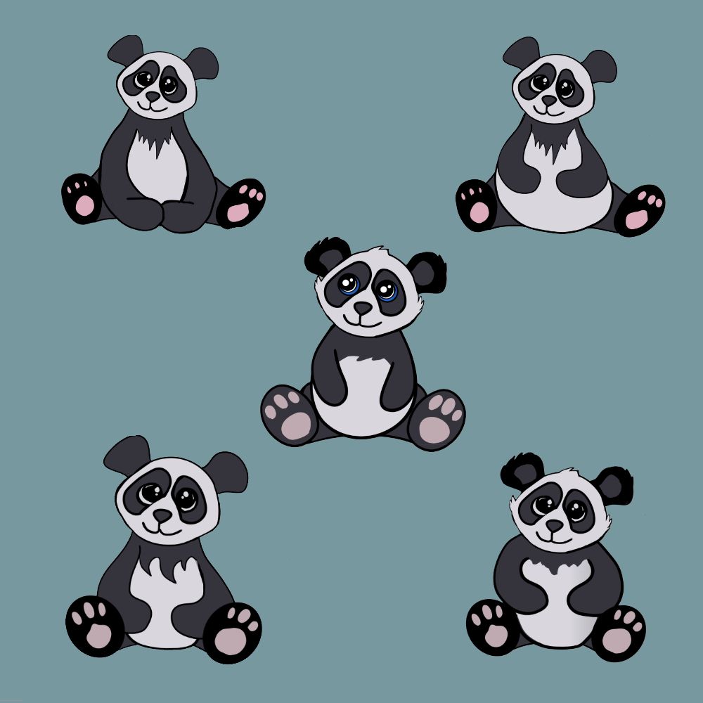 A composite of five panda sketches, each has different details and shapes.