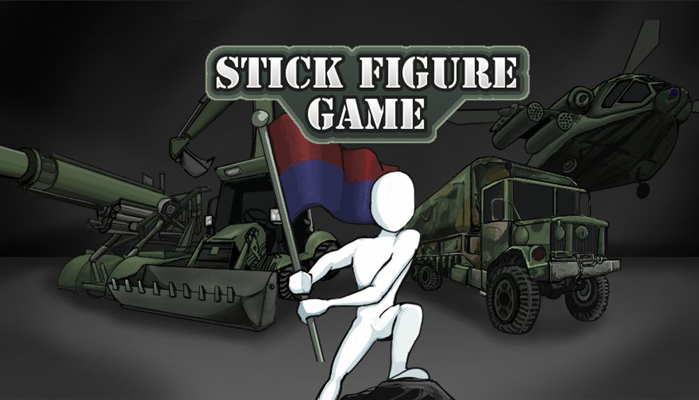 Title: Stick Figure Game, a stylized figure holds a flag in the foreground, behind the figure are an artillery cannon, a bulldozer, a cargo truck, and an attack helicopter
