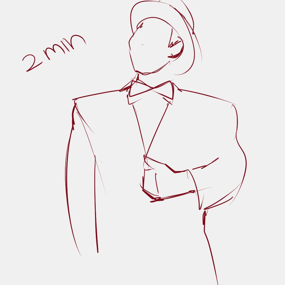 figure drawing of a man in a suit, his head is cocked at a jaunty angle.