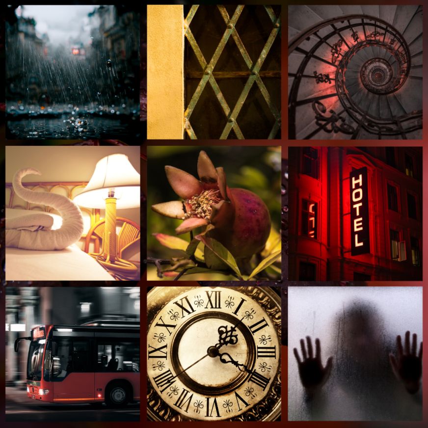 a 9 image moodboard with a red background. 1) heavy rain splattering onto the street 2) an old golden elevator grate, resembling jail bars 3) a spiral staircase tinted with red, spiralling downwards 4) A towel animal that resembles a large curling tail on a hotel bed 5) a pomegranate with the crown open as if about to devour 6) a red tinted building face with a sign that reads “hotel” 7) a red bus in motion at night 8) an old clock with roman numerals 9) a figure through frosted glass with their hands against the pane