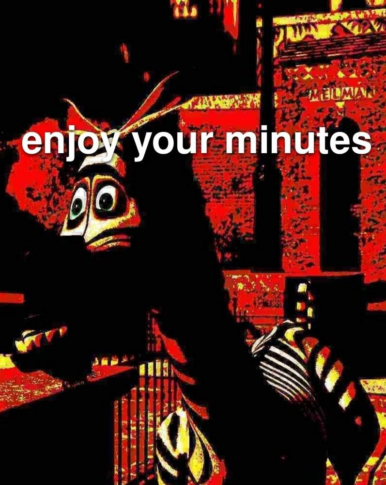 A deep-fried image of Marty from Madagascar with the caption "enjoy your minutes" overlaid on top
