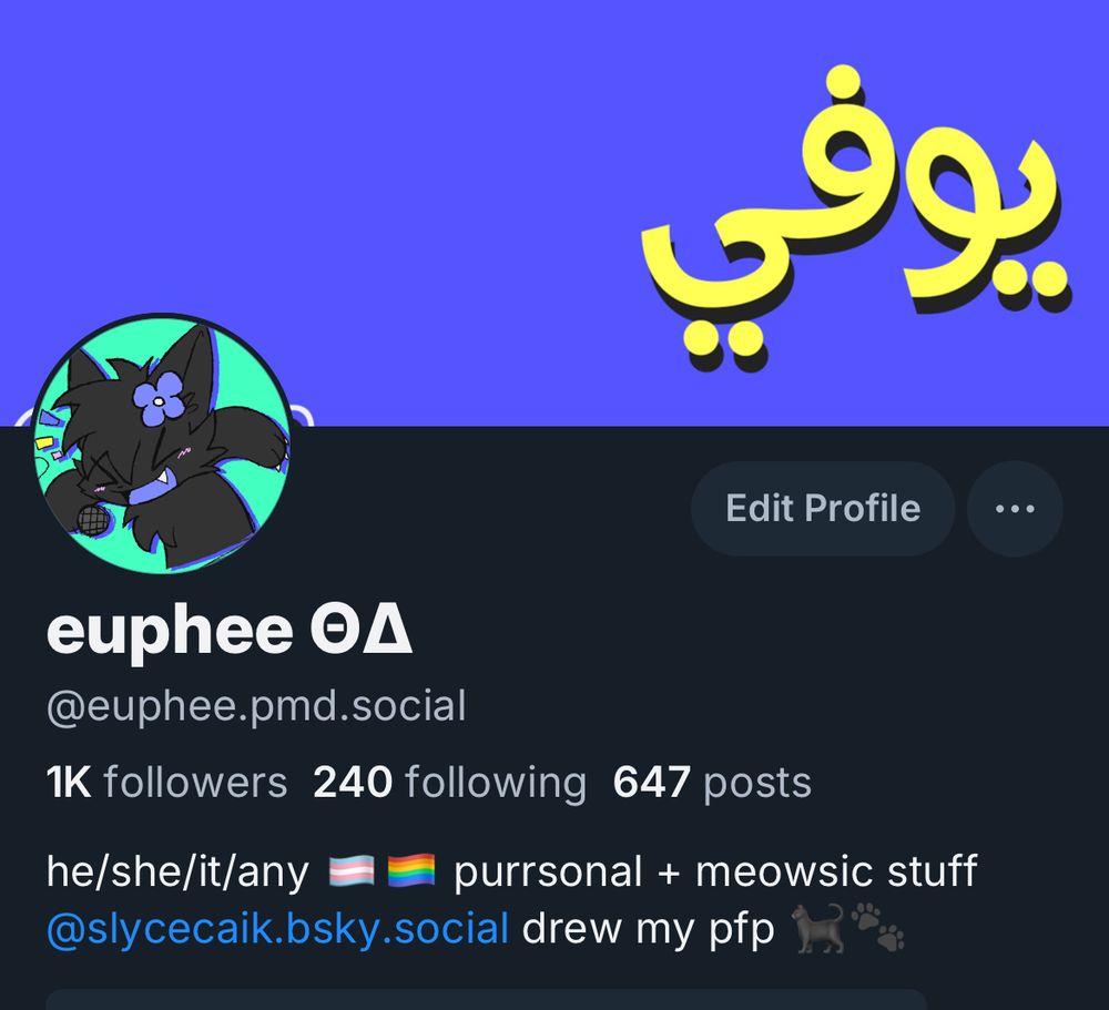 @euphee.pmd.social
1K followers 240 following 647 posts

he/she/it/any 🏳️‍⚧️🏳️‍🌈 purrsonal + meowsic stuff
@slycecaik.bsky.social drew my pfp 🐈‍⬛🐾