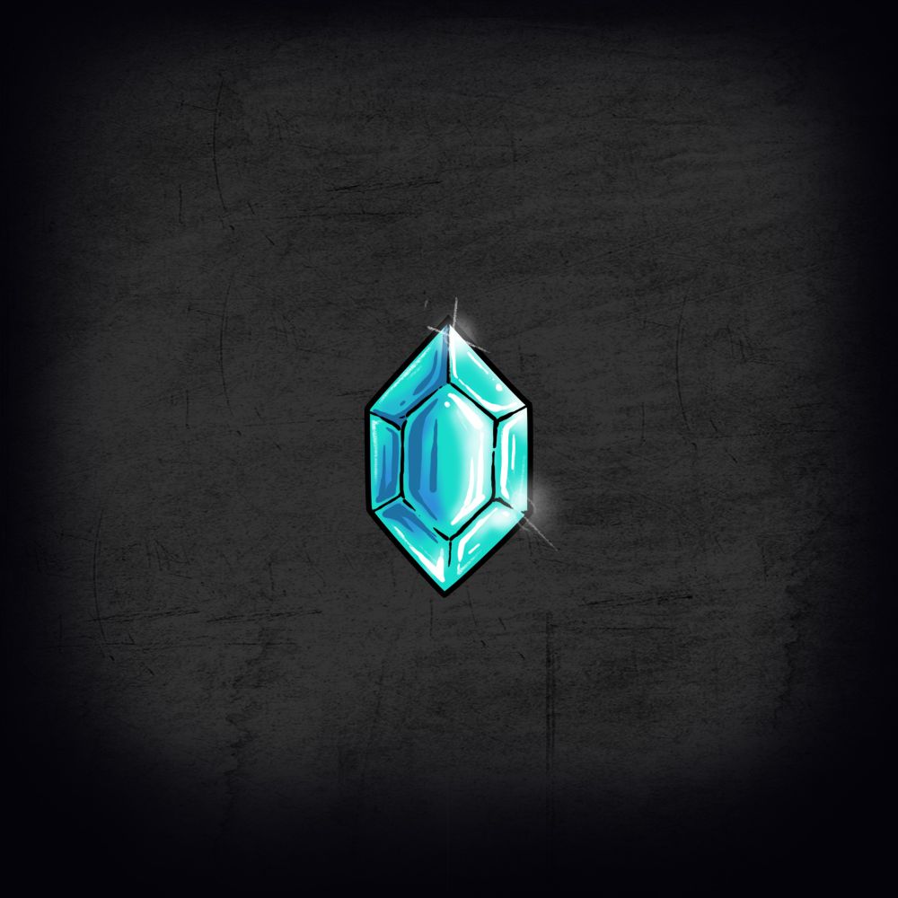 a teal gemstone behind a black grunge background