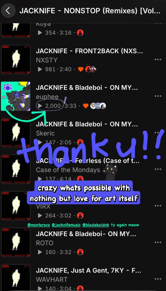 old screenshot of the JACKNIFE NONSTOP remixes vol 2 compilation , with my remix having hit 2000 plays

"thank u !! crazy whats possible with nothing but love for art itself"