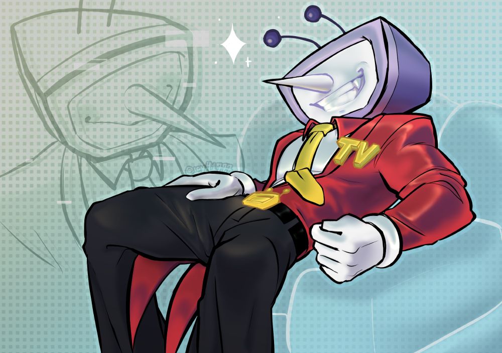 a drawing of Mr. "Ant" Tenna from Deltarune chapter 3 lounging on a chair in a digital looking background while flashing a signature grin. behind him is a more translucent and glitchy lineart of his head, featuring a more gentle smile.

(extra words that may be muted to avoid spoilers: deltarune spoilers , mr tenna )