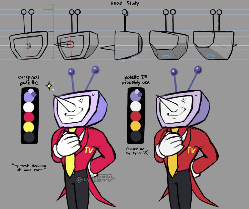 my first drawings of Mr. "Ant" Tenna from Deltarune chapter 3. the top of the canvas shows a drawing study turnaround for drawing his head in different angles.
beneath the study are two redraws of his slightly annoyed render, with their color palettes being the only differing factor between them. the color palette used on the left is color picked directly from the official render and is labeled "original palette", while the palette used on the right is my edited version labeled "palette I'll probably use", with additional text that reads "(easier on my eyes 💔)"

(extra words that may be muted to avoid spoilers: deltarune spoilers , mr tenna )