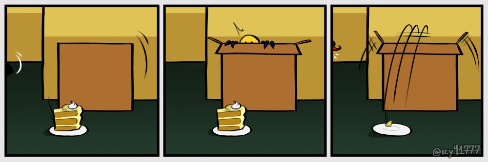 a horizontal comic strip of jaoba from regretevator being left a present in front of the box it's living in.

the first panel shows the rather sizable slice of lemon cake left on a plate in front of its box while a person in the background looks to be leaving the scene.

the second panel shows that jaoba has noticed the slice of cake and is peaking out of its box to look at it curiously.

in the third panel, jaoba has snatched the piece of cake into its box, leaving only the plate and singular slice of lemon behind. the person from the first panel returns in the background, their black and red hat and black mandibles poking in.