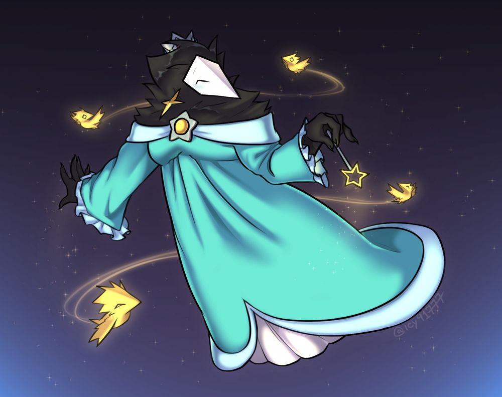 a drawing of a Swatchling from Deltarune dressed as Princess Rosalina from the Mario franchise. the Swatchling is shown flying through the galaxy and waving their star wand with 4 of their little "lumas" flying happily around them.