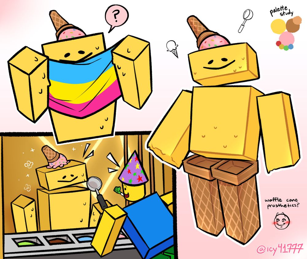 a few colored drawings of Crem from Regretevator (or additionally, Yeuc_c's Happy Country). the drawing on the right features them standing normally, with a little doodle of a happy emoji and the text, "waffle cone prosthetics?" there's also a palette study in the top right corner.
the top left features them holding an upside down pansexual flag with a "?" speech bubble. the bottom left shows a greeting interaction between Crem and another character from Regretevator, Party Noob.
