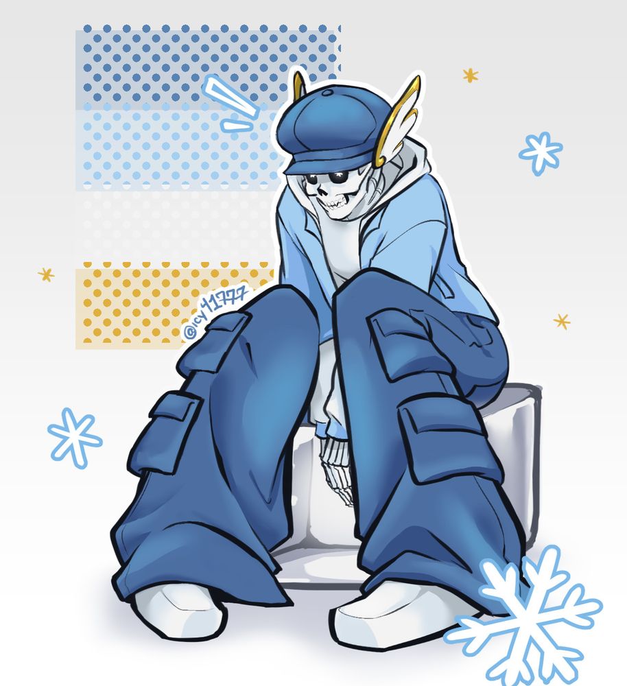 fullbody of my sona sitting on an ice cube. there are a few snowflake particles around him, along with a halftone rectangle in the back