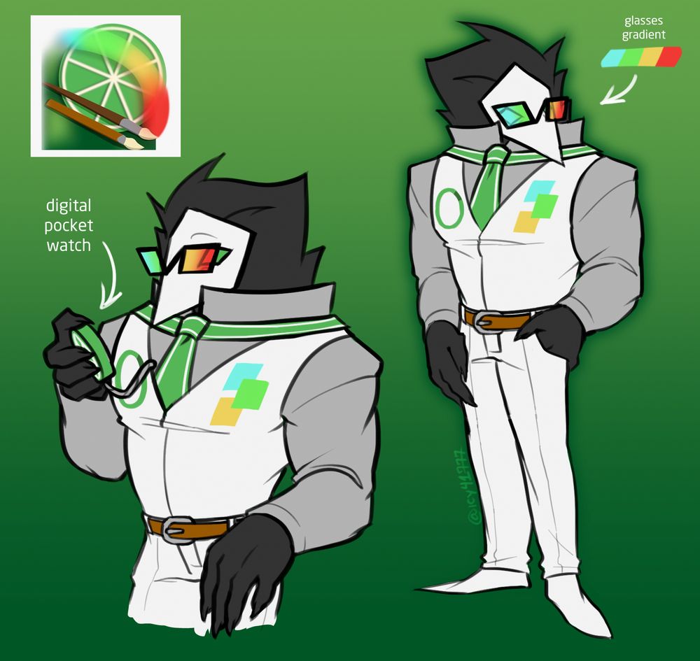 a drawing of Swatch from Deltarune in a variant of his uniform based on the Paint Tool SAI drawing software. his main design is on the right, him standing with a hand in his pocket. there's also a small palette with a label pointing to his glasses, reading, "glasses gradient."
the left features a bust of Swatch holding a digital pocket watch based on the (dated) logo for Paint Tool SAI up in the left corner.