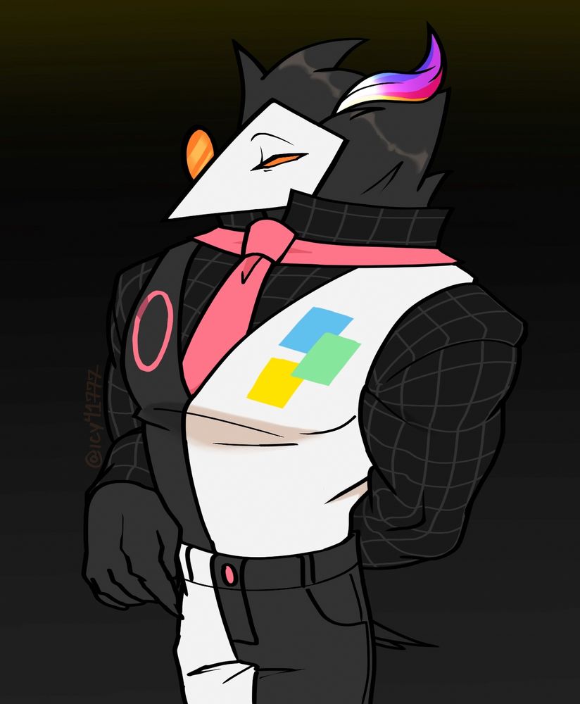a drawing of Swatch from Deltarune posing with a more Procreate-esque outfit, including a grid on his black shirt, a monacle, and a featherpiece resembling the Procreate logo.