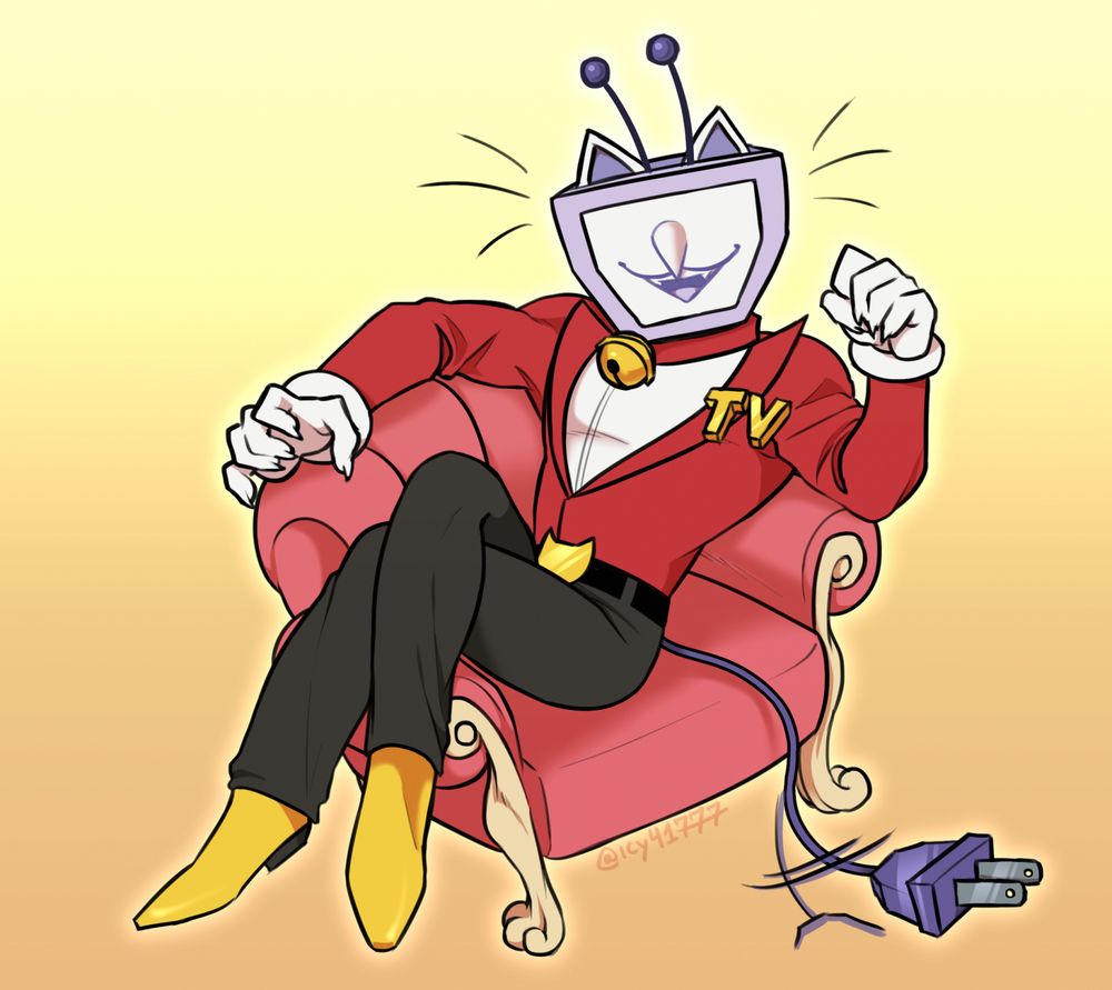 a drawing of Tenna from Deltarune as a cat person. he's shown lounging in a rose-tinted chair wearing cat ears, a bell collar, and flicking his plug tail, all while making a small cat gesture to the viewer.