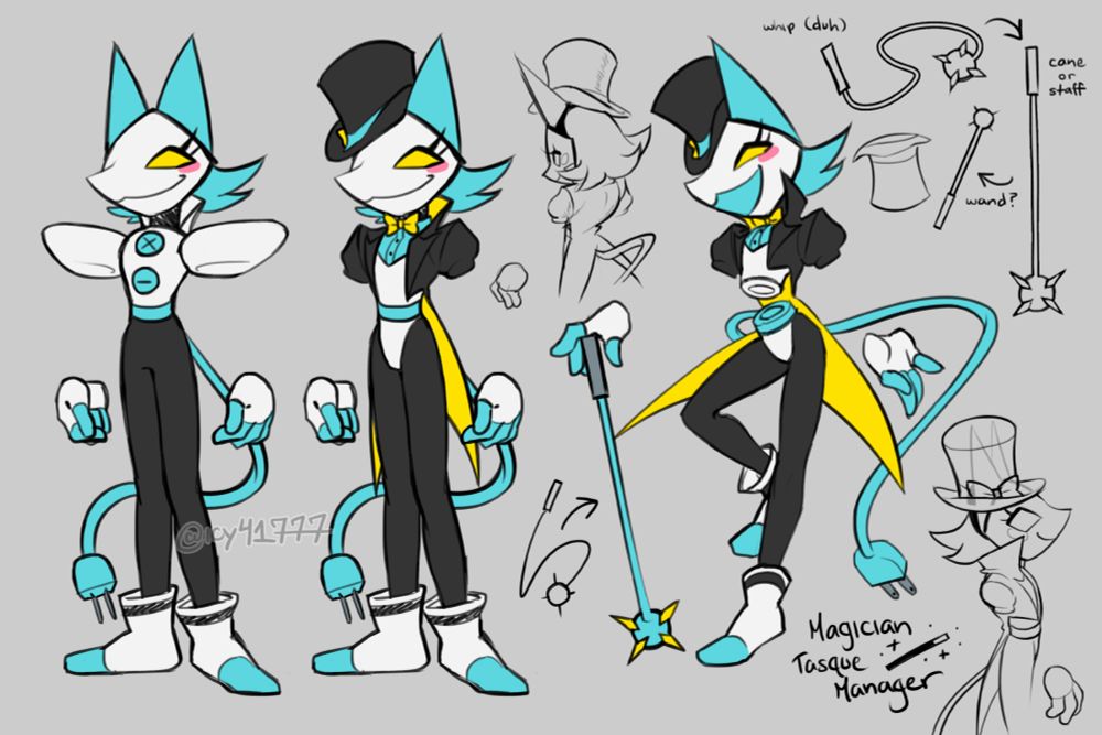 a page of concept art depicting Tasque Manager from Deltarune Chapter 2 in a magician's outfit. the far left drawing is her regular design without her skirt, while the drawing next to her is her magician's redesign. there's a concept pose of her with her whip turned into a cane/staff for performing, and includes some concepts of whip → cane → wand transformations. along with these, there are 2 more small sketches showing the design from back and right side angles.