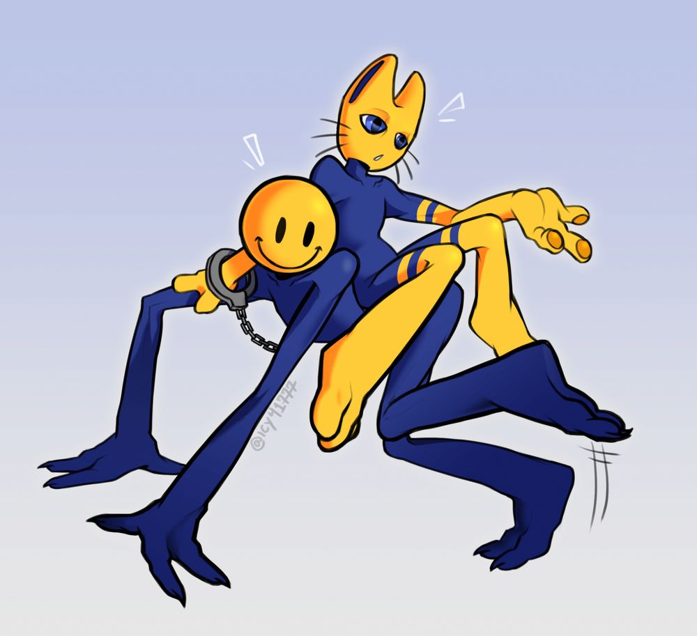 a drawing of Stocky from Meleeniacs and JAOBA from Regretevator together. Stocky lounges on JAOBA's back while the latter crawls away from something off-screen.