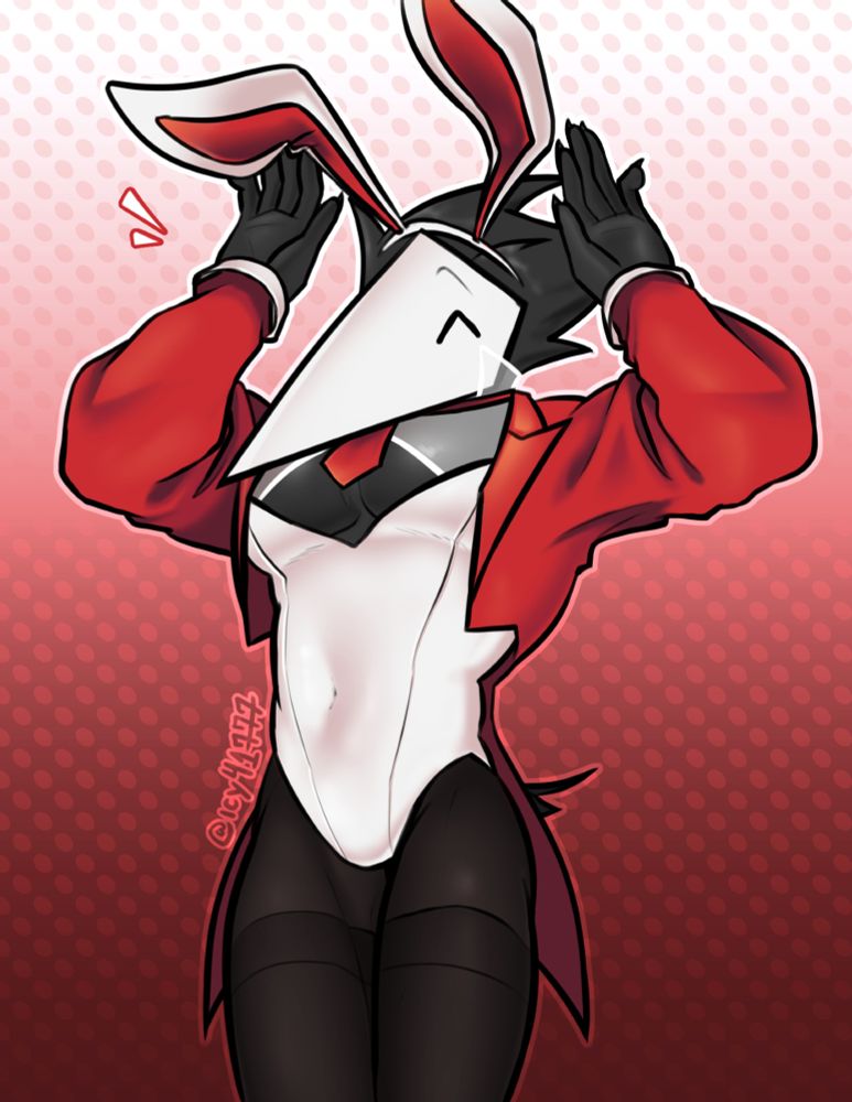 a drawing of a red swatching in a special bunny suit designed for them and making a bunny gesture. along with their standard white one piece suit, ears, and pantyhose, they are wearing a cropped red blazer with white cuffs, and a white layer of sheer fabric underneath it all, with a chest window and a small red tie to match.