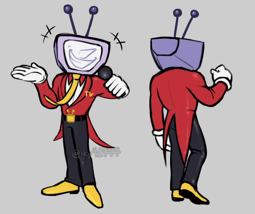 2 simple drawings of Mr. "Ant" Tenna from Deltarune chapter 3. on the left, he's shown holding his microphone and laughing with the viewer, while his drawing on the right features him from behind with his leg cocked up.

(extra words that may be muted to avoid spoilers: deltarune spoilers , mr tenna )