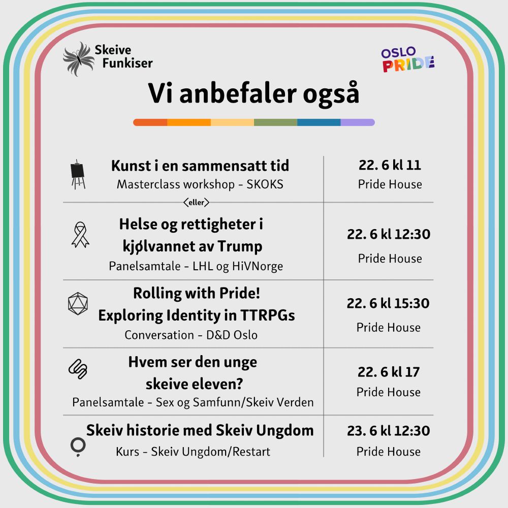 Vi anbefaler også:
Kunst i en sammensatt tid
Masterclass workshop - SKOKS, Pride House, Søndag 22. Juni kl 11-13:30

Eller
Helse og rettigheter i kjølvannet av Trump
Panelsamtale - LHL og HiVNorge, Pride House, Søndag 22. Juni kl 12:30

Rolling with Pride! Exploring Identity in TTRPGs
Conversation - D&D Oslo, Søndag 22. Juni kl 15:30

Hvem ser den unge skeive eleven?
Panelsamtale - Sex og Samfunn/Skeiv Verden, Pride House, Søndag 22. Juni kl 17

Skeiv historie med Skeiv Ungdom
Kurs - Skeiv Ungdom/Restart, Pride House, Mandag 23. Juni kl 12:30

Nesten samme format og design som våre arrangementer:
Funkispride-farget ramme, buede hjørner.
Skeive Funkiser-logo øverst til venstre, i svart-hvitt.
Oslo Pride-logo øverst til høyre.
Men med tittel: "Vi anbefaler også" med fargelinje under.
Inneholder fem rader i en tabell med ikon, tekst, og dato/sted.

Ikonene som brukes:
Et staffeli for kunst-workshopen.
En aids-sløyfe for panelsamtale om Trump og helse.
Mellom rad 1 og 2 står et dekorativt «<eller>»-symbol i grått.
En terning med flere kanter (D20) for samtale om TTRPGs.
Logo til Sex og Samfunn (to sammenkoblede S’er) for panelet om unge elever.
Skeiv Ungdoms logo (en sirkel med en halv dott under) – for kurset med Skeiv Ungdom.