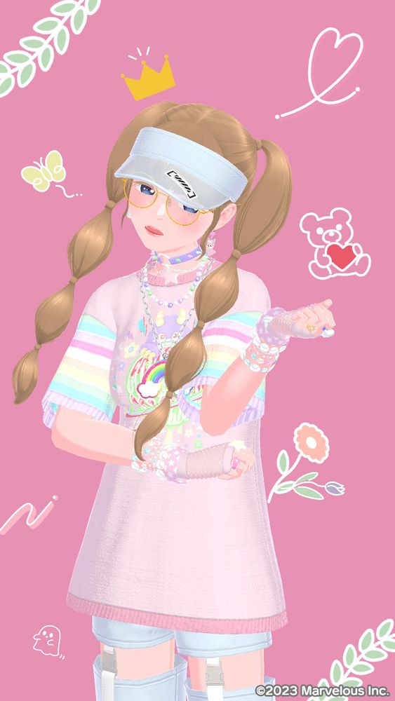 fashion dreamer outfit with sassy pose. pink shirt. blue shorts with garter attached pants. white sun visor. hair in pigtails.