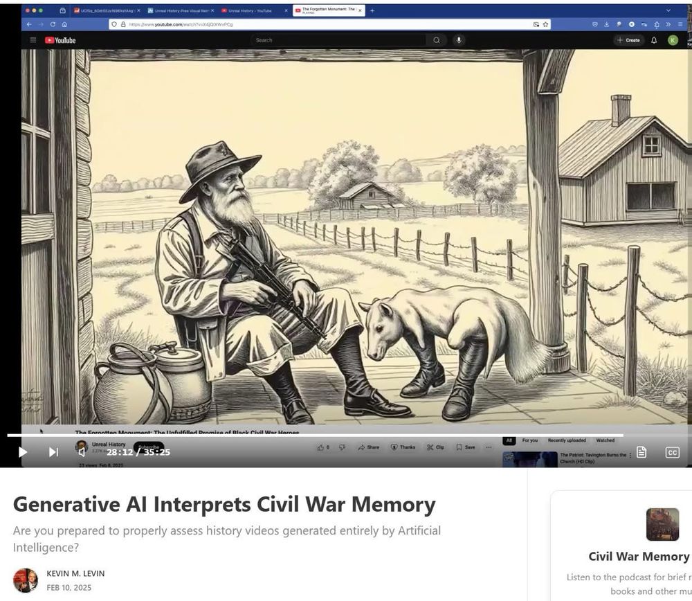 screenshot of an AI generated video on American civil war with AI image showing an unidentifiable animal with contorted body and two legs and a 19th c man on a porch with a machine gun style rifle 