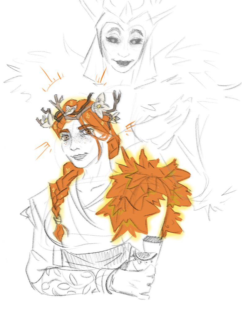 quickly drawn sketch of the autumn queen with the ice queen behind her admiring her, autumn queen's hair and leaves are glowing 