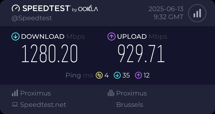 Speedtest results showing 1280 Mbps download and 929 Mbps upload speeds.