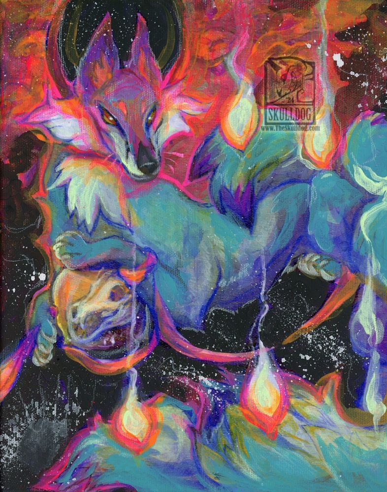 A blue fox with multiple tails holds a skull within a glass orb while surrounded by flames.