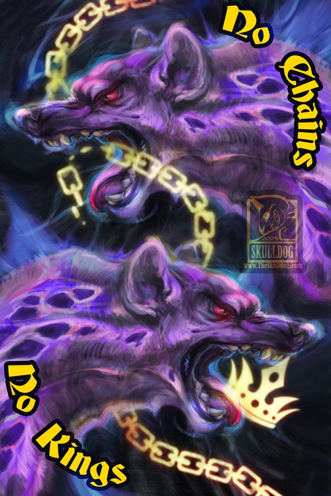 A pair of neon purple and blue hyenas with pink ears, each has it's mouth open, the top bites through a chain, the bottom holds a crown in it's mouth. The text reads: No Chains, No Kings.