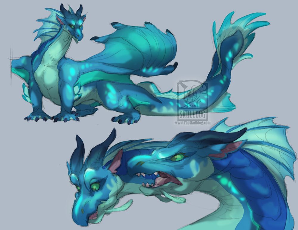 Sketches of the character Tsunami from Wings of Fire, an Seawing dragon with blue green scales, fins and bioluminescent spotting.