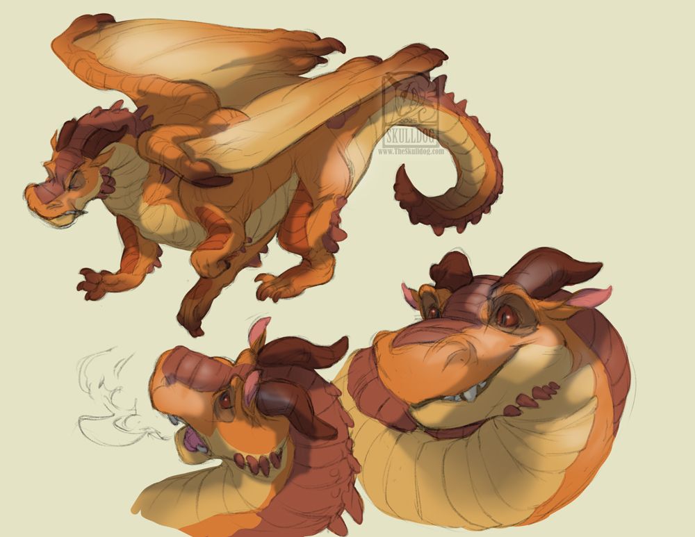 Sketches of the character Clay from Wings of Fire, a Mudwing dragon with earthen brown colors, dark brown horns, claws and eyes. He ash a broad face and stocky build.